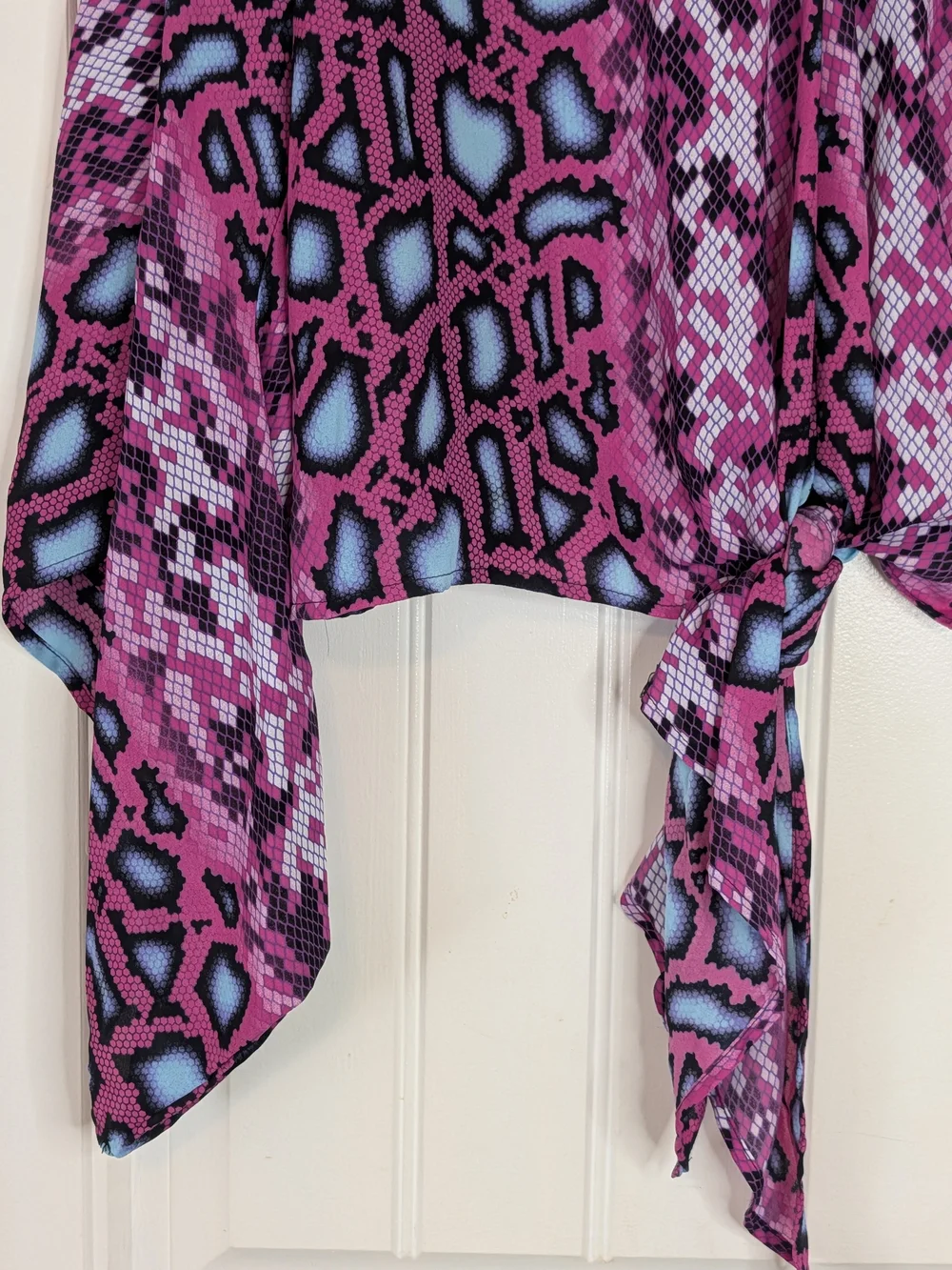 Peace Love Cake Bold Snake Print Patterned Tie Front Blouse Flared Sleeves